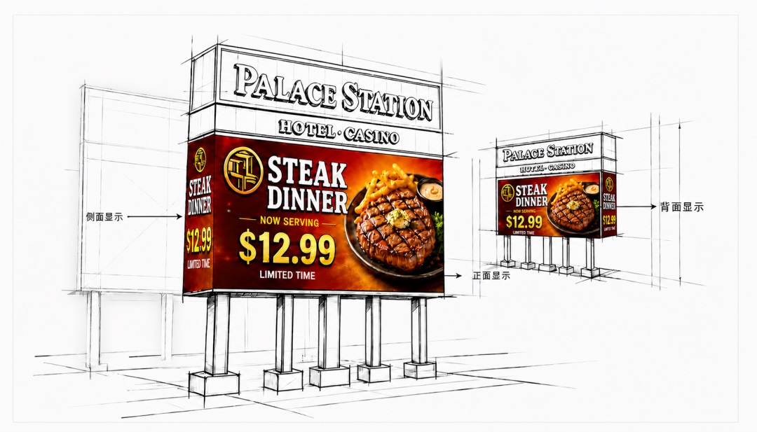 三面转角LED户外屏｜元亨光电赋能拉斯维加斯Palace Station入口数字焕新