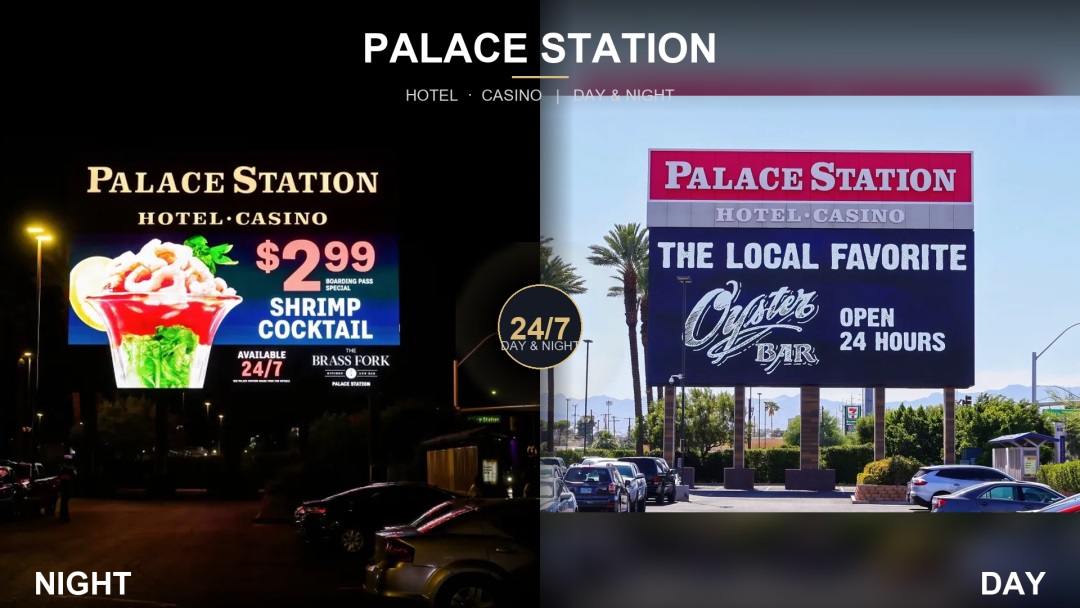 三面转角LED户外屏｜元亨光电赋能拉斯维加斯Palace Station入口数字焕新